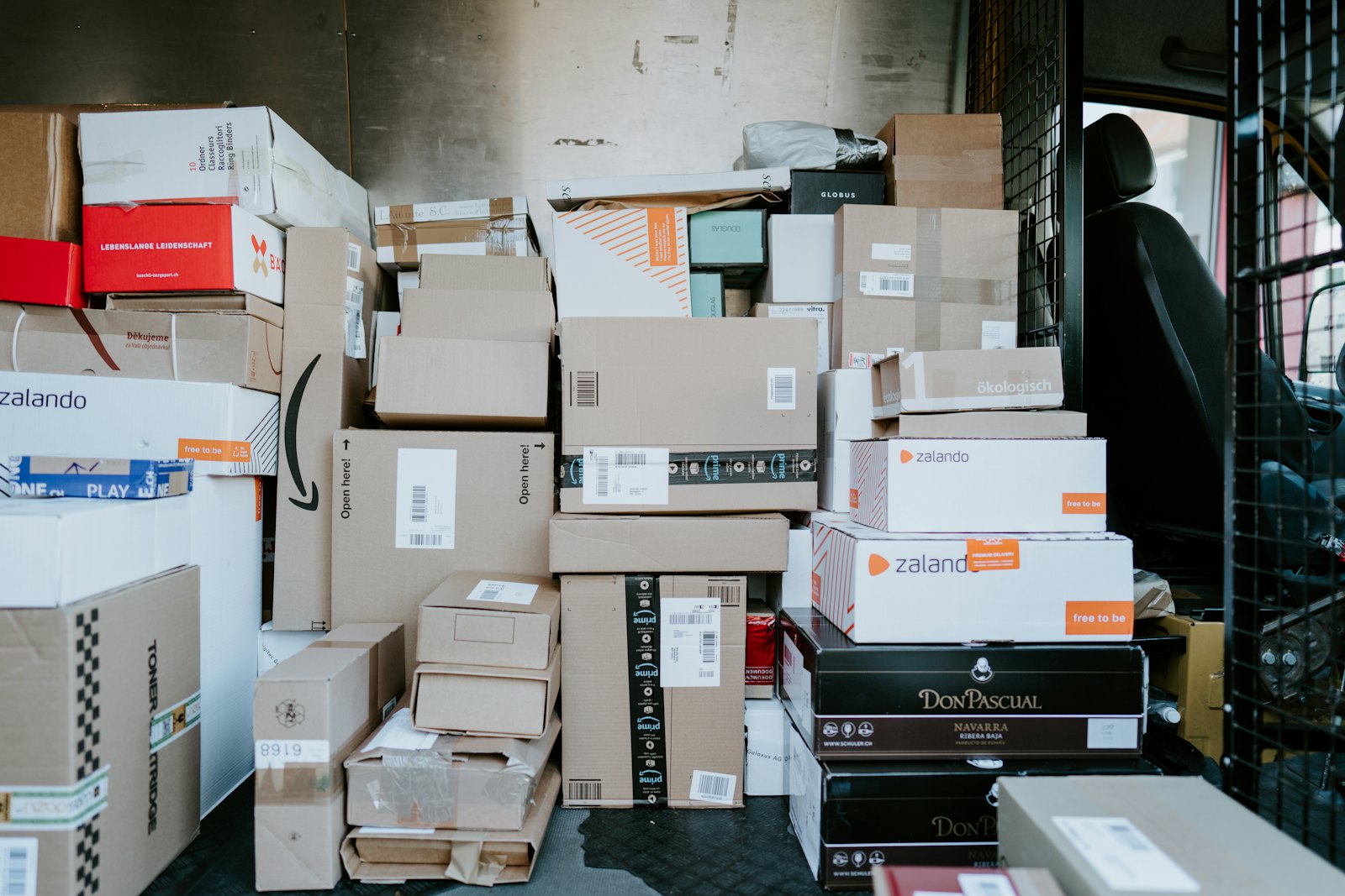 Sorted parcels inside a delivery van
