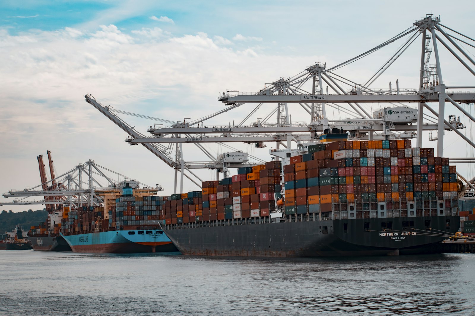 Container ships loading at a sea freight terminal